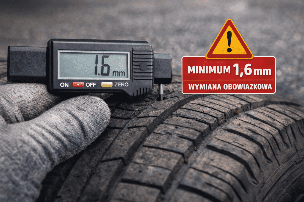 Mierzenie głębokości bieżnika opony cyfrowym miernikiem – minimalny bieżnik 1,6 mm, wymiana obowiązkowa